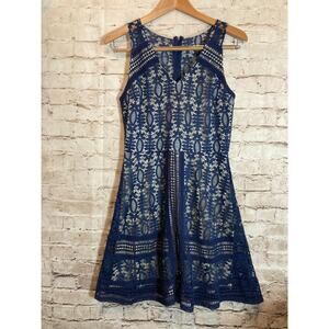 Dina‎ Be Dress Womens Medium Navy Blue All Over Lace A Line Feminine Dainty